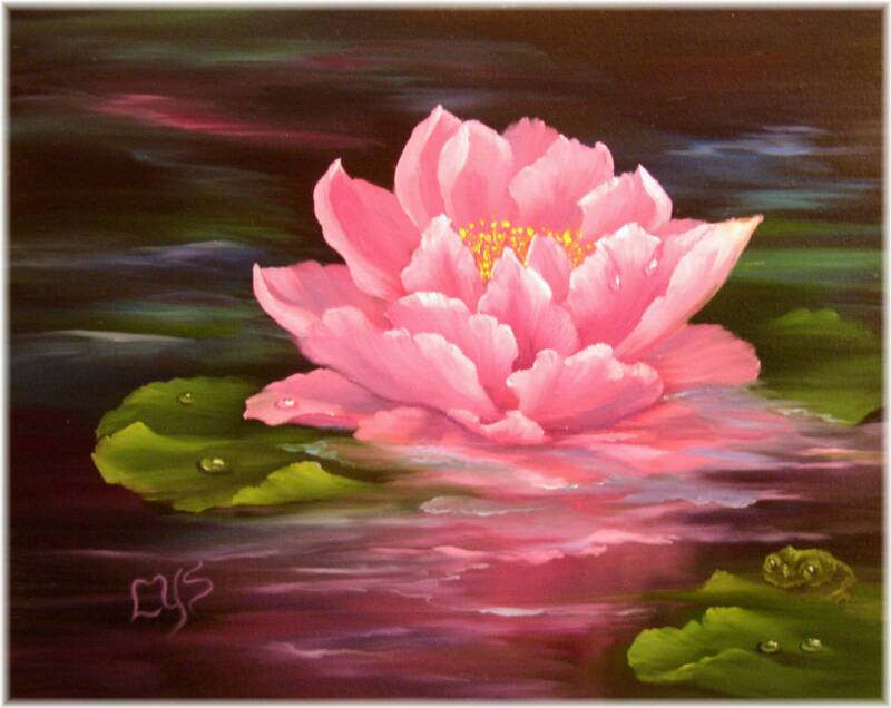 Magenta Waterlily and Frog